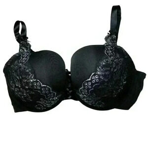 Cacique Boost Balconette bra 40DDD Underwired Bows Lacing Black Silver Lace